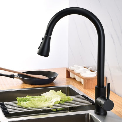 Matte Black Modern Single-Hole Kitchen Faucet, Single-Handle Pull-Down Sprayer Faucet