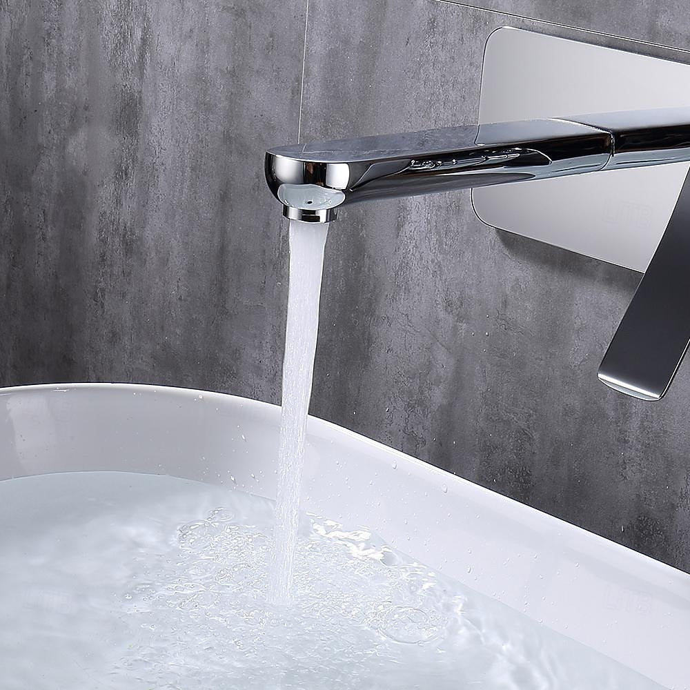 Chrome Wall-Mount Bathroom Faucet, Single-Handle Basin Faucet with Escutcheon Plate