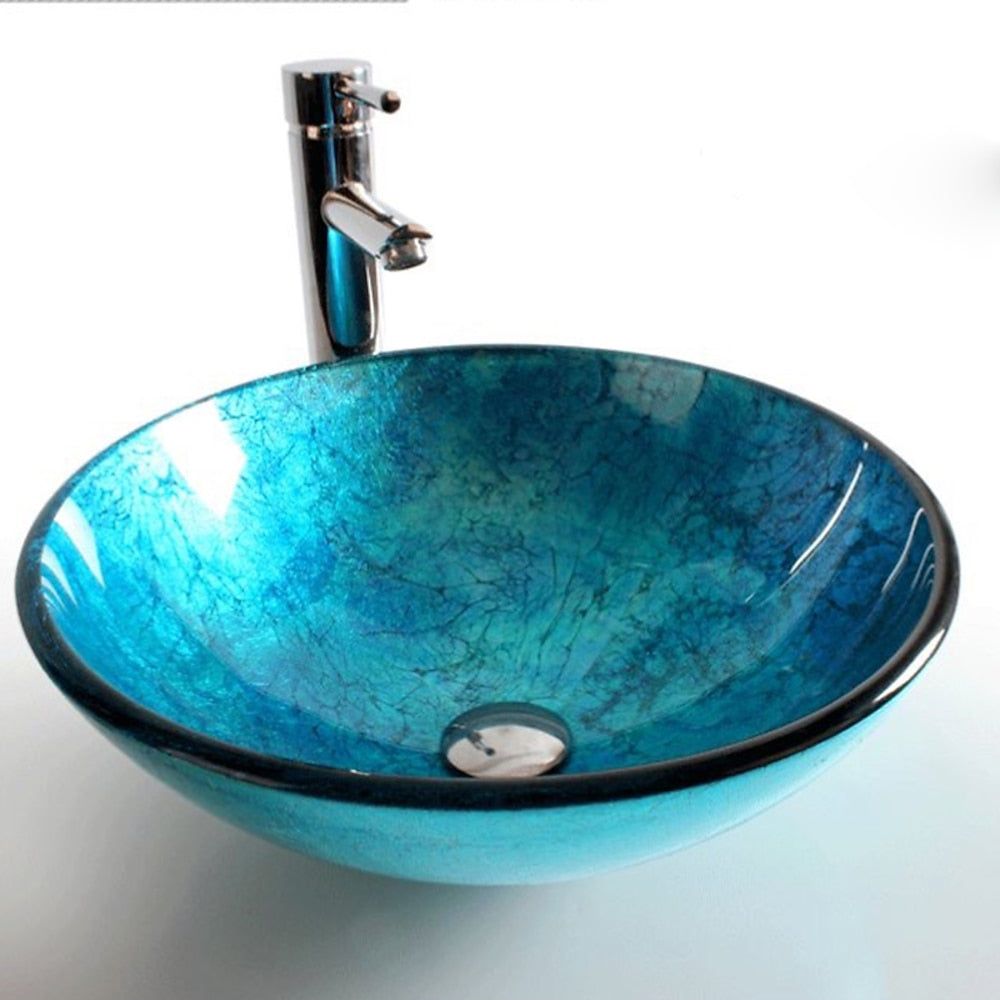 Contemporary Round Tempered Glass Vessel Bathroom Sink with Single-Handle Faucet, Vanity Basin Set with Pop-Up Drain, Silver / Gold / Bronze / Gray / Multi