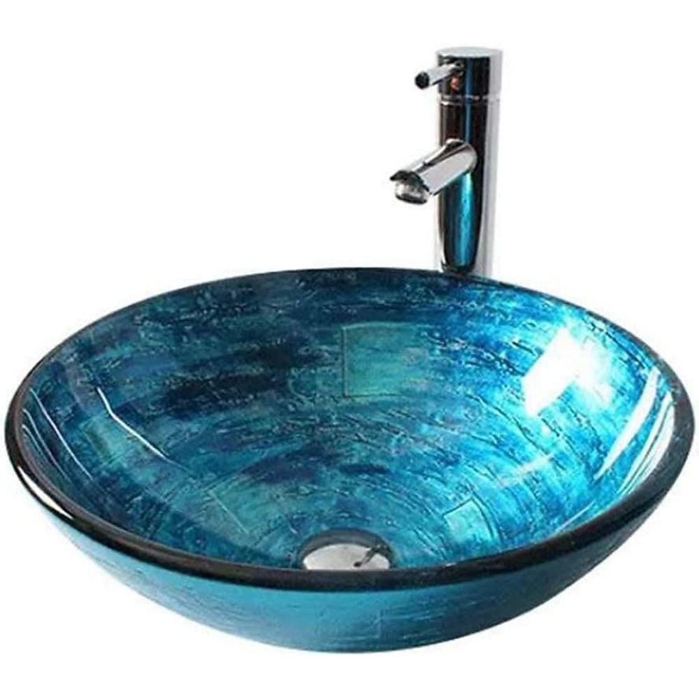 Contemporary Round Tempered Glass Vessel Bathroom Sink with Single-Handle Faucet, Vanity Basin Set with Pop-Up Drain, Silver / Gold / Bronze / Gray / Multi