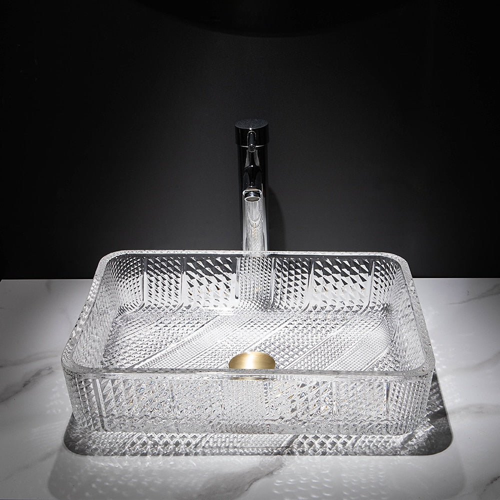Transparent Rectangular Glass Vessel Sink, Single-Handle Chrome Faucet / Gold Pop-Up Drain Vessel Sink Set