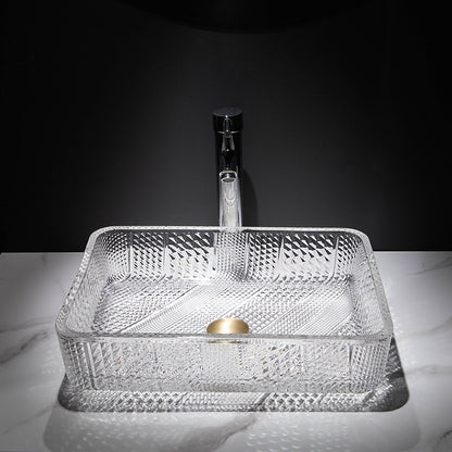 Transparent Rectangular Glass Vessel Sink, Single-Handle Chrome Faucet / Gold Pop-Up Drain Vessel Sink Set