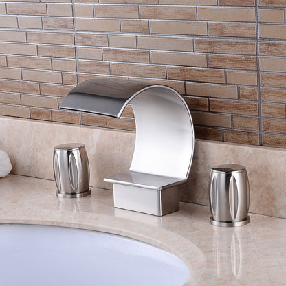 Brushed Nickel Widespread Bathroom Faucet, Contemporary 3-Hole Faucet, Double-Handle Waterfall Spout Faucet