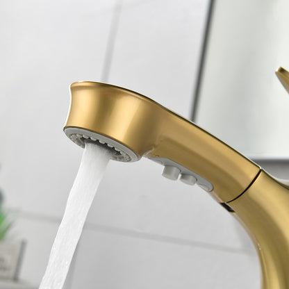 Pull-Out Single-Hole Bathroom Faucet, Single-Handle Brass Faucet, Brushed Gold / Matte Black / Matte White / Chrome / Gunmetal