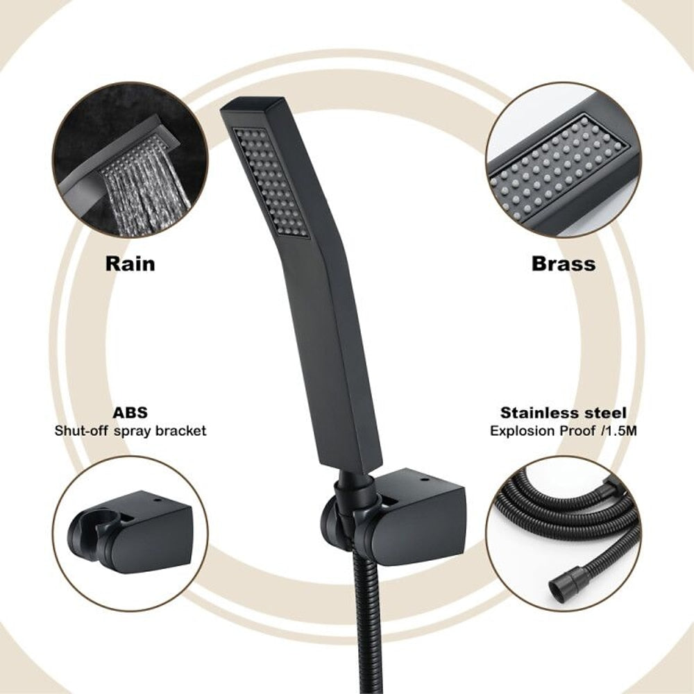 Matte Black Brass Handheld Shower Head, Single-Spray Wall-Mount Hand Shower with Hose / Bracket