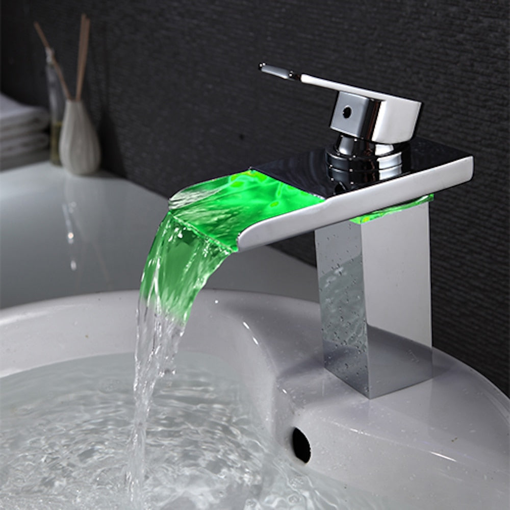 LED Waterfall Single-Hole Bathroom Faucet, Modern Single-Handle Brass Faucet, Chrome / Matte Black / Rose Gold / Polished Gold / Brushed Nickel / Brushed Gold / Matte White