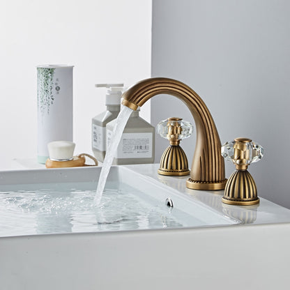 Traditional Antique Brass Widespread Bathroom Faucet, Double Crystal Handle High Arc Sink Faucet