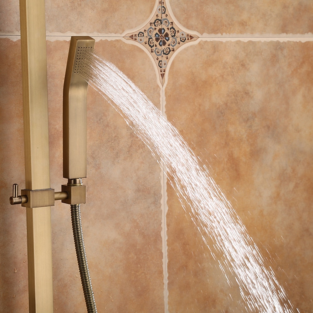 Rainfall Wall-Mounted Shower System, Single-Handle Tub Spout Faucet, Antique Brass / Brushed Nickel