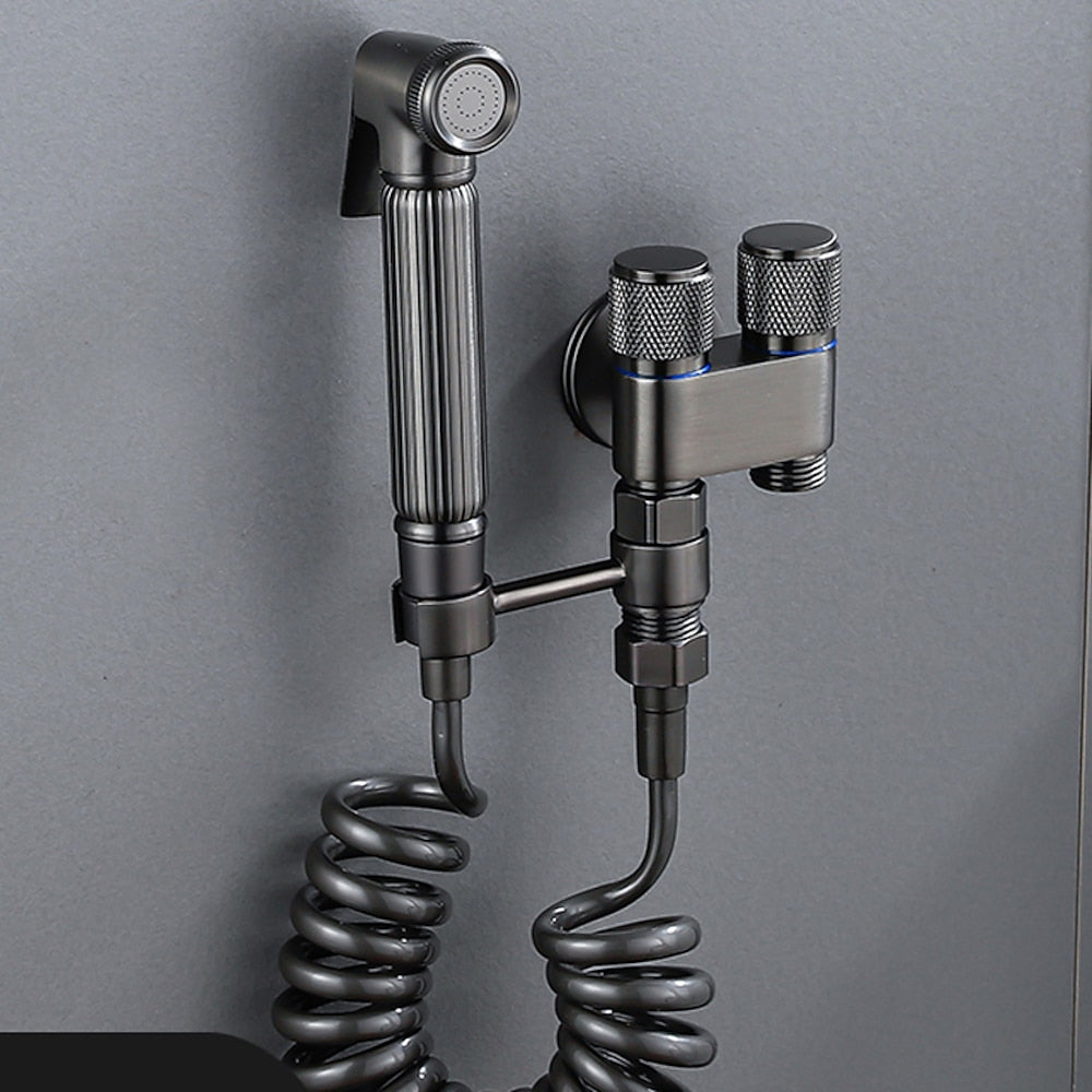 Dual-Handle Wall-Mount Bidet Sprayer, Solid Brass Shattaf Sprayer, Gray / Black / Silver