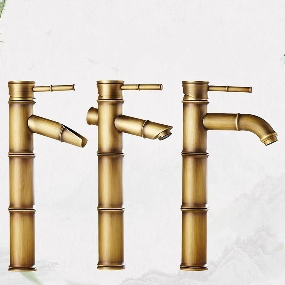 Antique Brass Vintage Single-Hole Faucet, Single-Handle Bamboo Vessel Sink Faucet