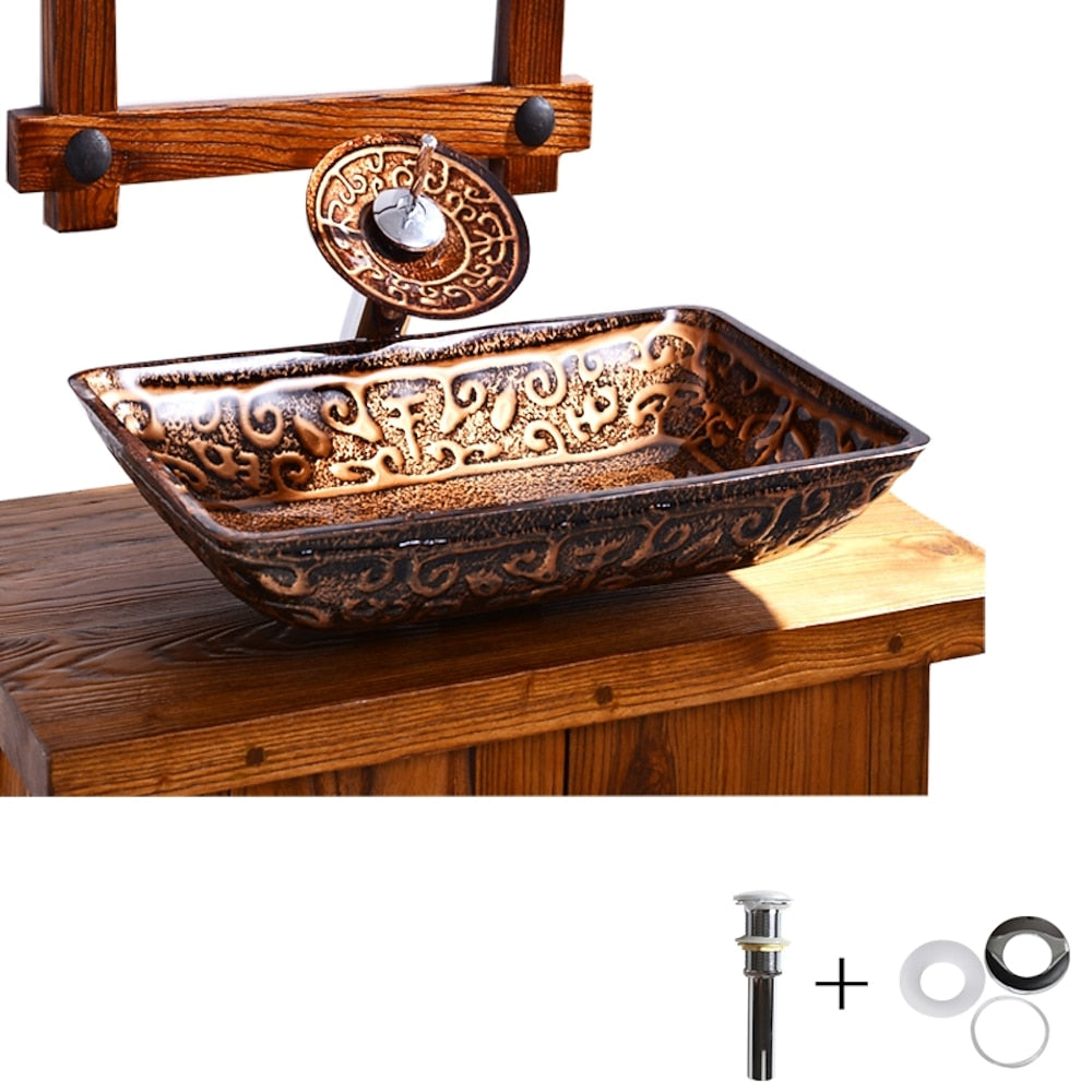 Vintage Bronze Tempered Glass Rectangular Vessel Sink with Waterfall Faucet, Single-Hole Bathroom Vanity Combo with Pop-Up Drain
