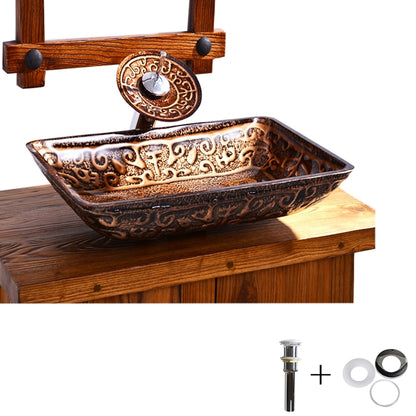 Vintage Bronze Tempered Glass Rectangular Vessel Sink with Waterfall Faucet, Single-Hole Bathroom Vanity Combo with Pop-Up Drain