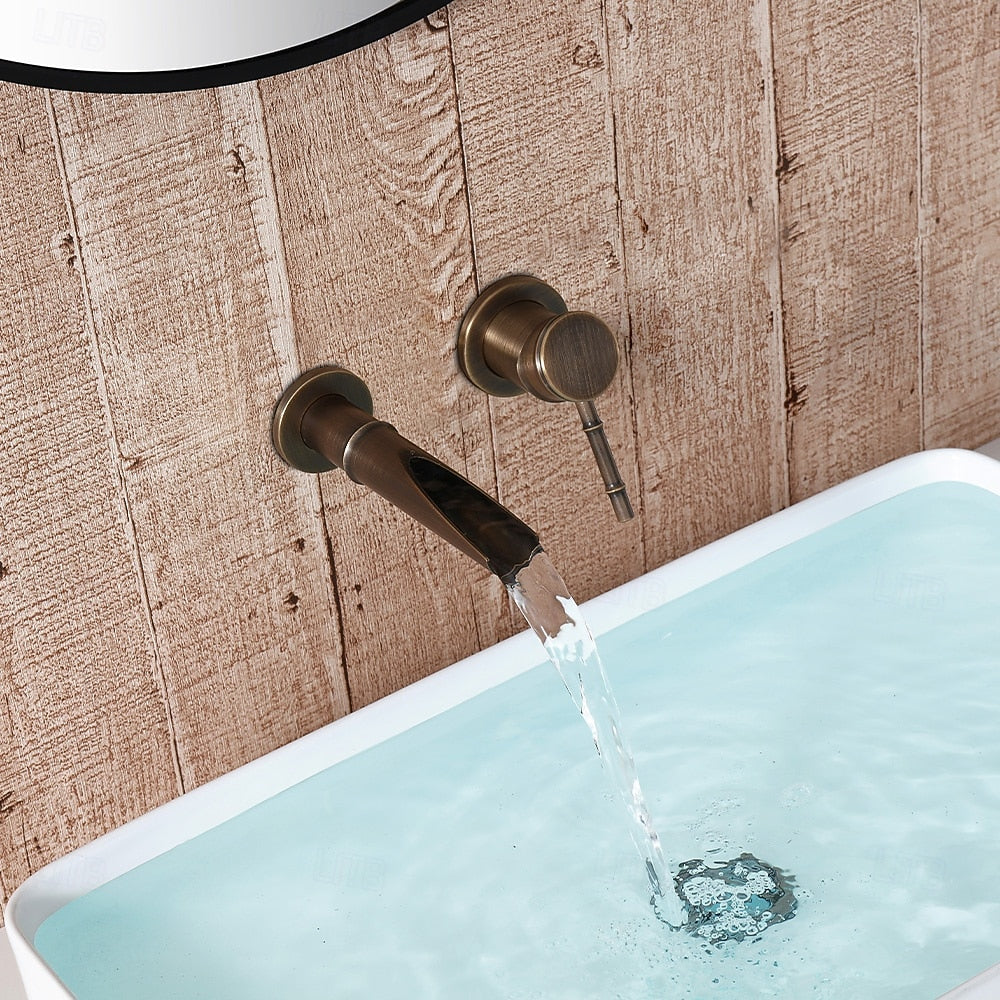 Modern Wall-Mount Waterfall Bathroom Faucet, Single-Handle Brass Faucet, Antique Brass / Brushed Gold