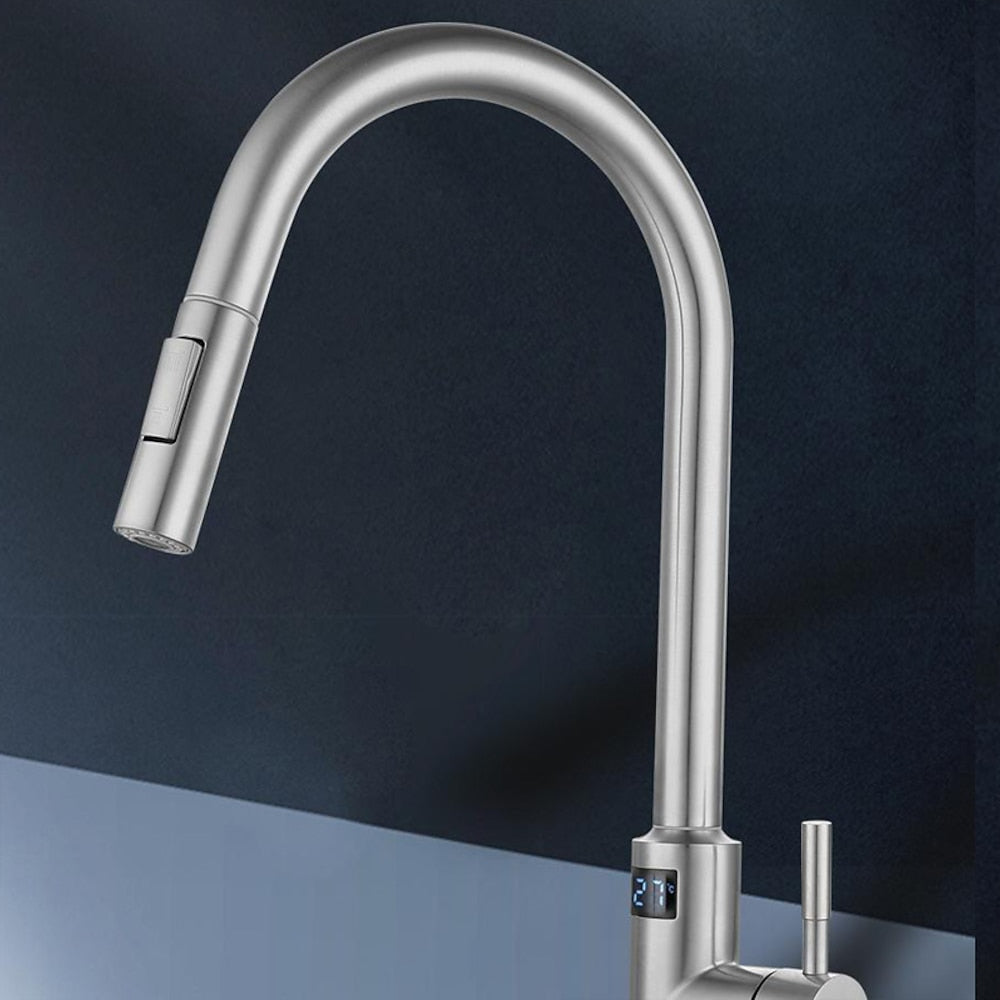 Touchless Sensor Stainless Steel Pull-Down Kitchen Faucet, Modern Single-Handle Digital Display Faucet