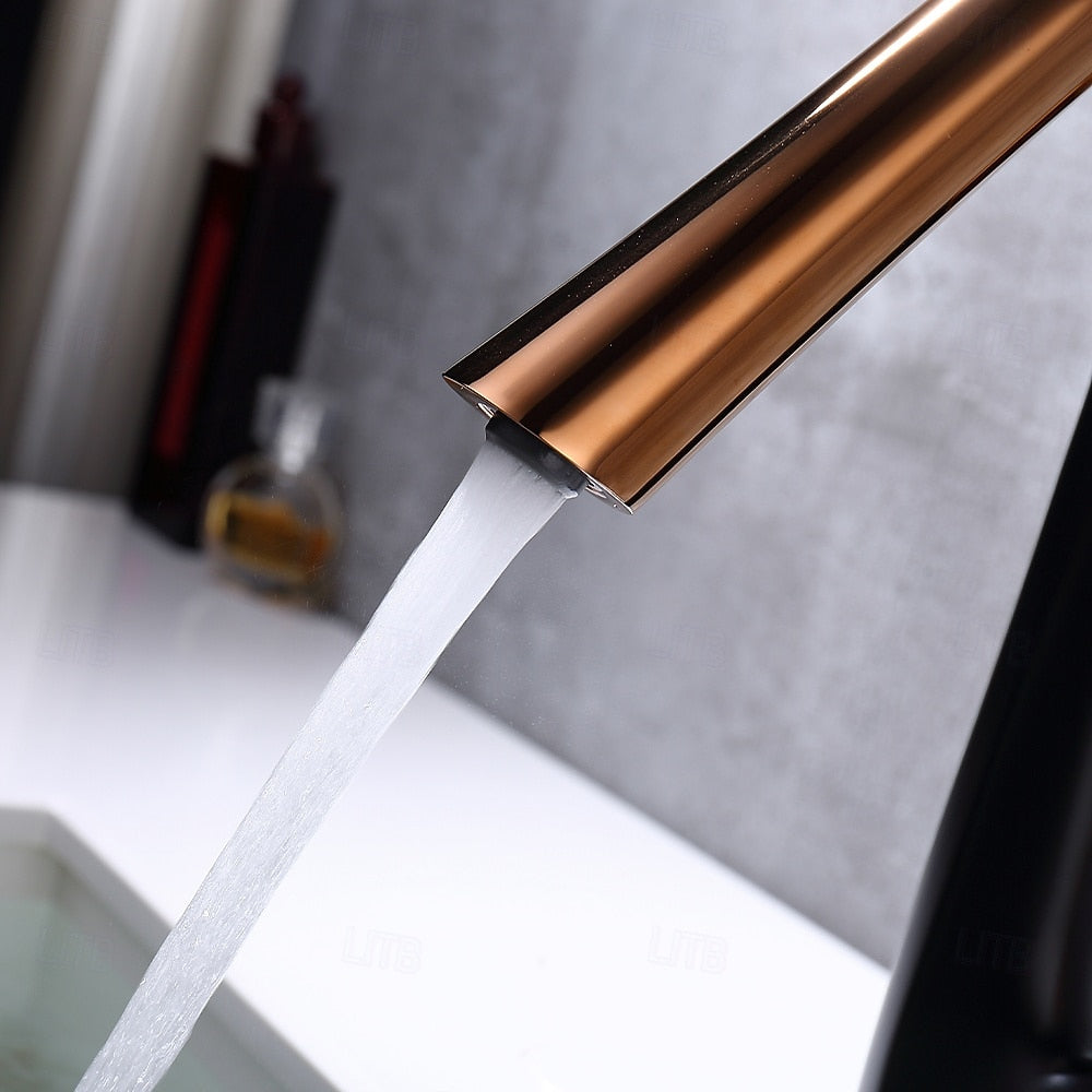 High-Arc Swivel Bathroom Faucet, Modern Single-Hole Single-Handle Basin Faucet, Matte Black / Rose Gold