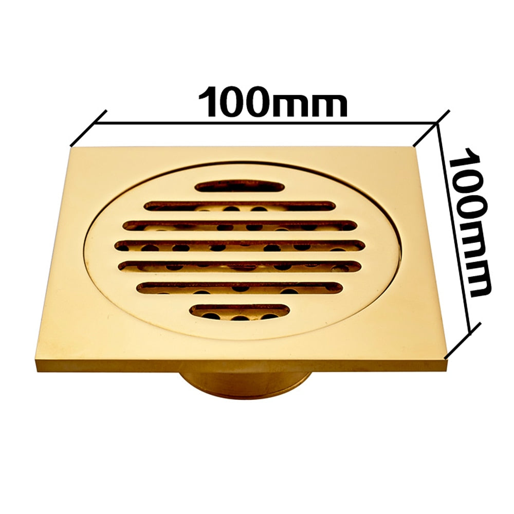 Polished Brass Square Shower Floor Drain, Contemporary Brass Floor Drain with Removable Cover