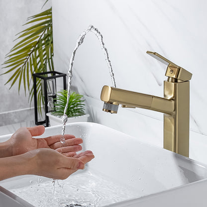 Pull-Out Single-Hole Brass Bathroom Faucet, Upward Fountain Spout Faucet, Chrome / Matte Black / Brushed Gold / Gunmetal
