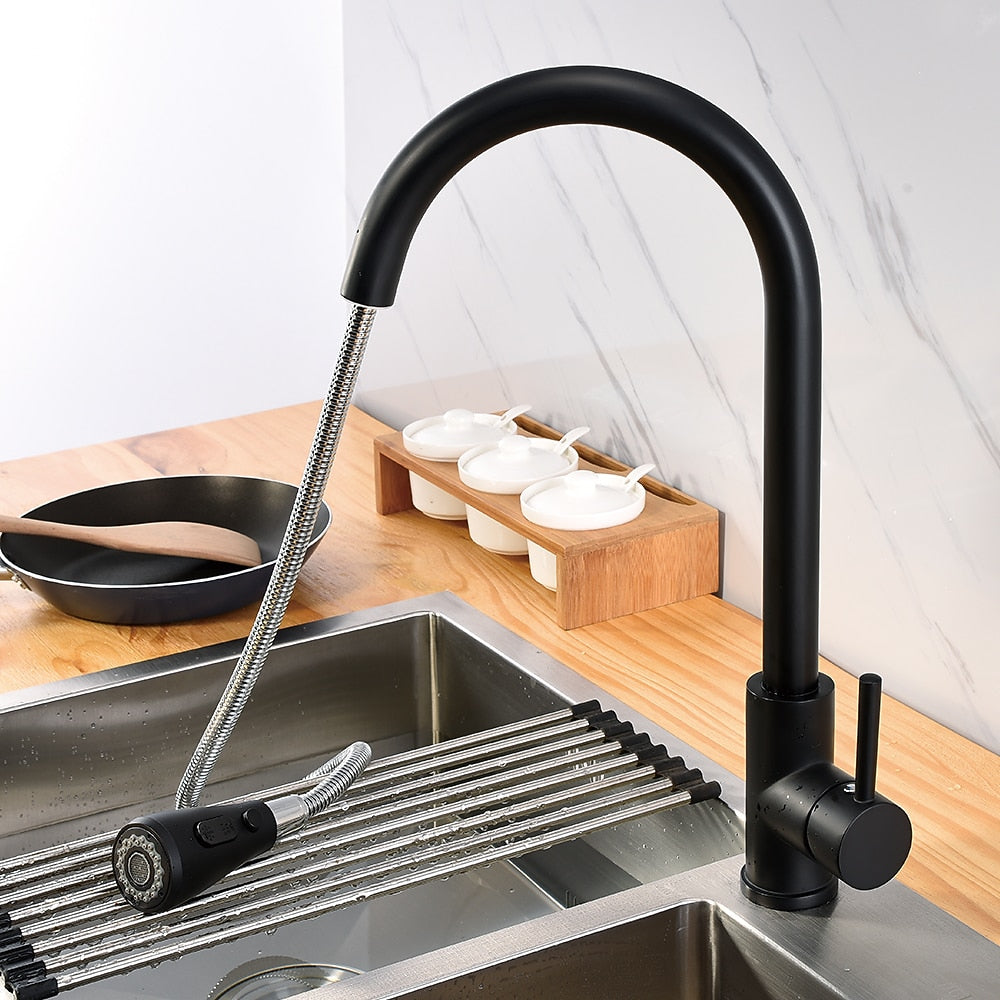 Matte Black Modern Single-Hole Kitchen Faucet, Single-Handle Pull-Down Sprayer Faucet