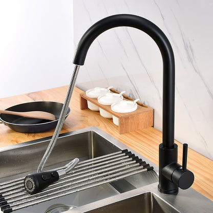 Matte Black Modern Single-Hole Kitchen Faucet, Single-Handle Pull-Down Sprayer Faucet