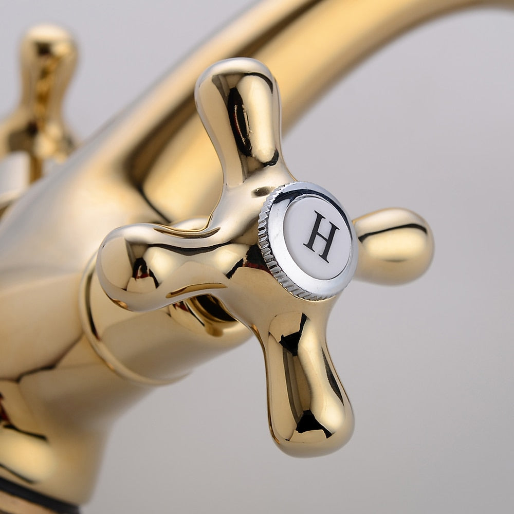 Polished Gold Traditional Single-Hole Bathroom Faucet, Dual Cross Handle High Arc Faucet