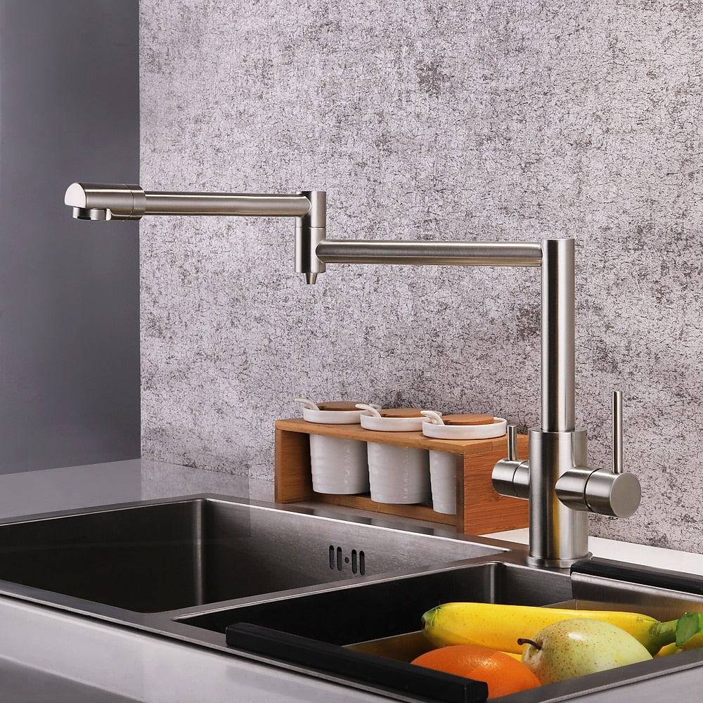 Foldable Dual-Joint Pot Filler Kitchen Faucet, Deck-Mount Single-Hole Two-Handle Faucet, Matte Black / Brushed Nickel