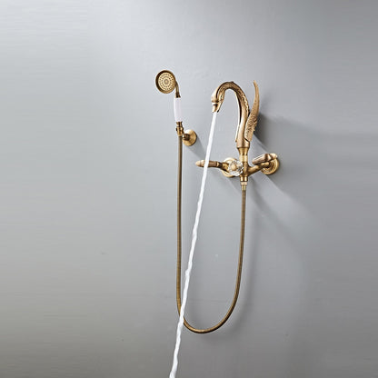 Vintage Swan-Shaped Brass Tub Filler Faucet, Wall-Mount Dual-Handle Bathtub Faucet with Handheld Shower, Antique Brass / Matte Black / Chrome / PVD