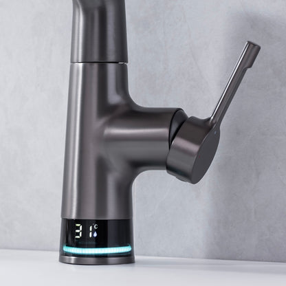 LED Digital Display Pull-Out Bathroom Faucet, Liftable Single-Handle Deck Mount Faucet, Gunmetal / Matte White / Chrome