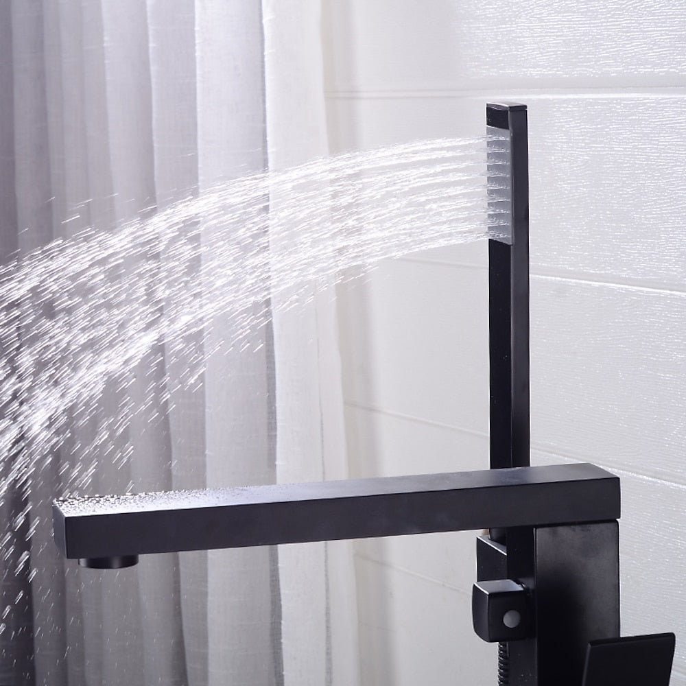 360-Degree Swivel Spout Freestanding Tub Filler Faucet, Single-Handle Floor-Mount Tub Faucet with Hand Shower, Chrome / Matte Black