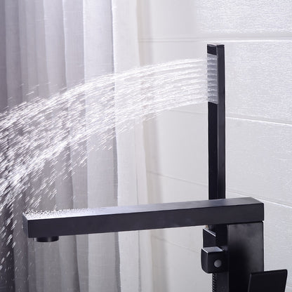 Modern Freestanding Floor-Mount Tub Filler Faucet, Single-Handle Brass Faucet with Handheld Shower, Matte Black / Chrome