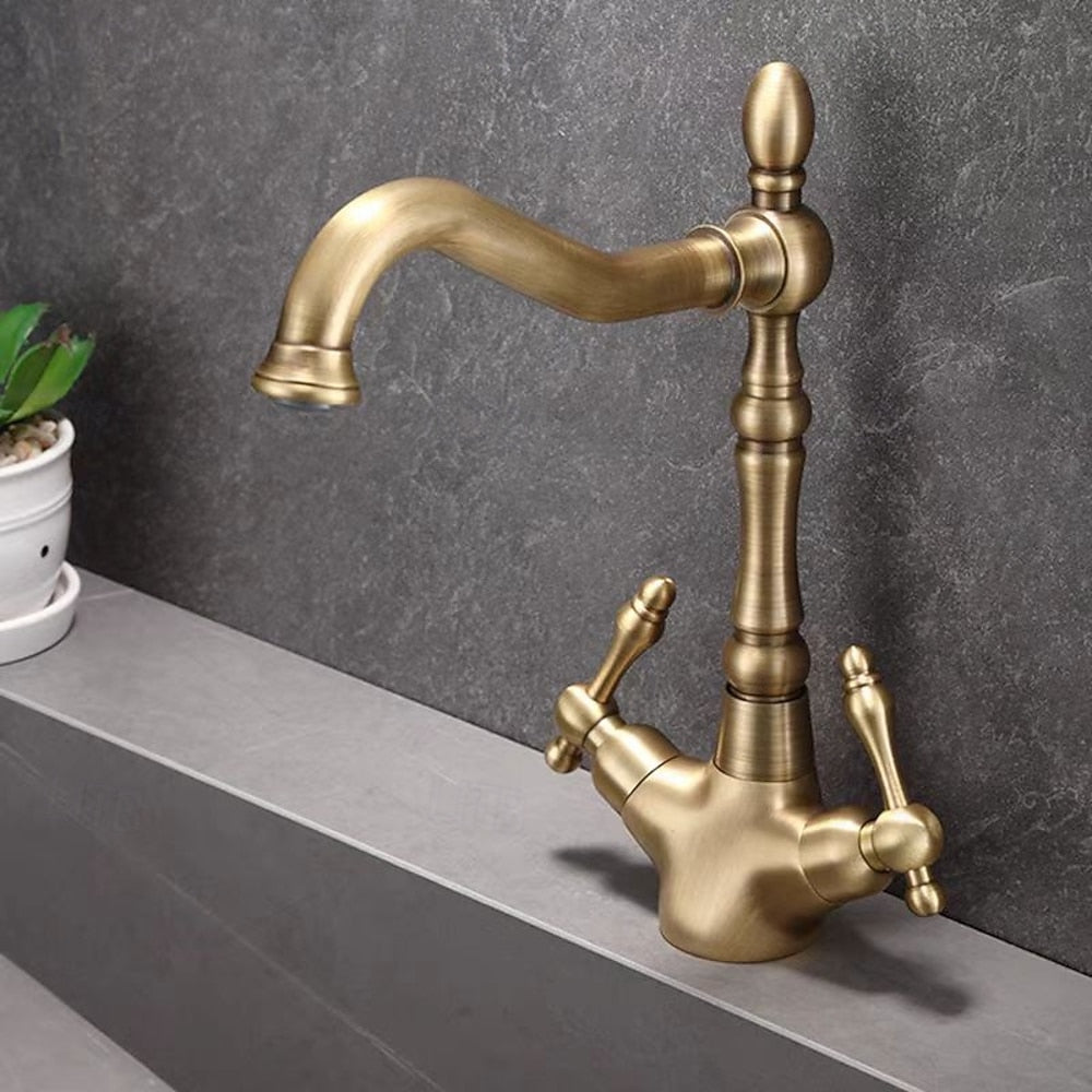 Vintage Antique Brass Single-Hole Bathroom Faucet, Double-Handle High-Arc Faucet
