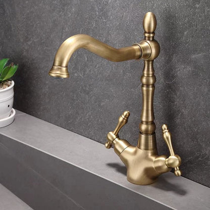 Vintage Antique Brass Single-Hole Bathroom Faucet, Double-Handle High-Arc Faucet