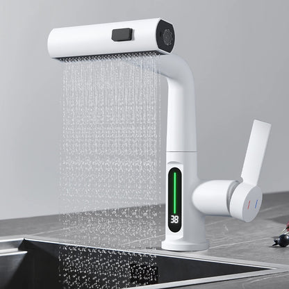 Modern LED Temperature Display Pull-Out Bathroom Faucet, Single-Handle Swivel Faucet, Matte Black / Chrome / Matte White / Gunmetal