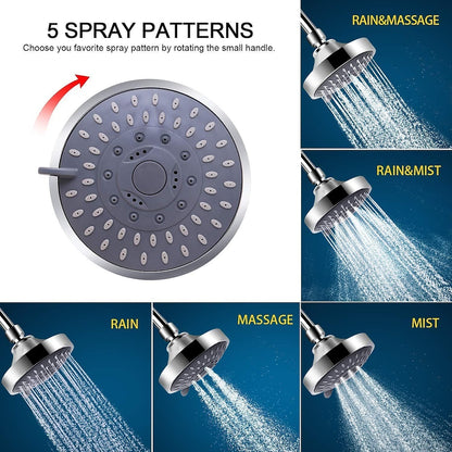 5-Spray Mode Fixed Shower Head, Modern Wall-Mount Round Showerhead, Chrome / Matte Black / Stainless Steel