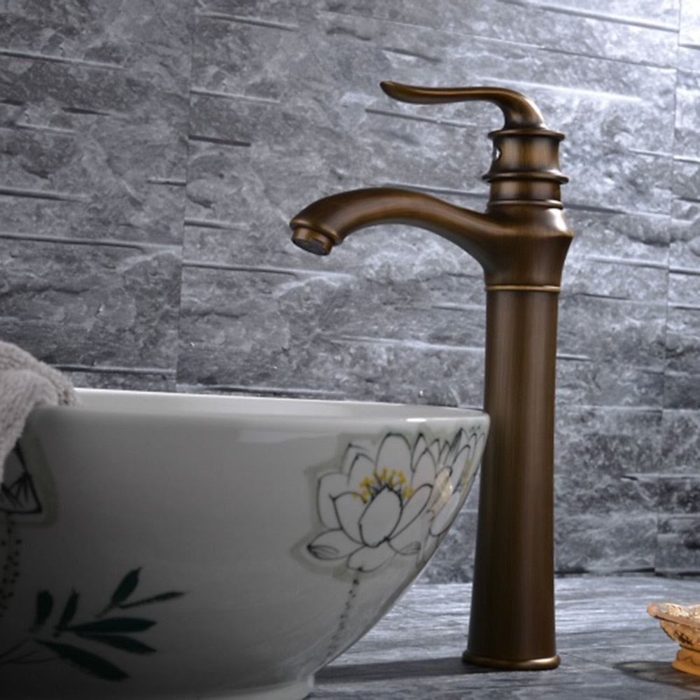 Antique Brass Traditional Vessel Sink Faucet, Single-Handle Tall Body Bathroom Faucet