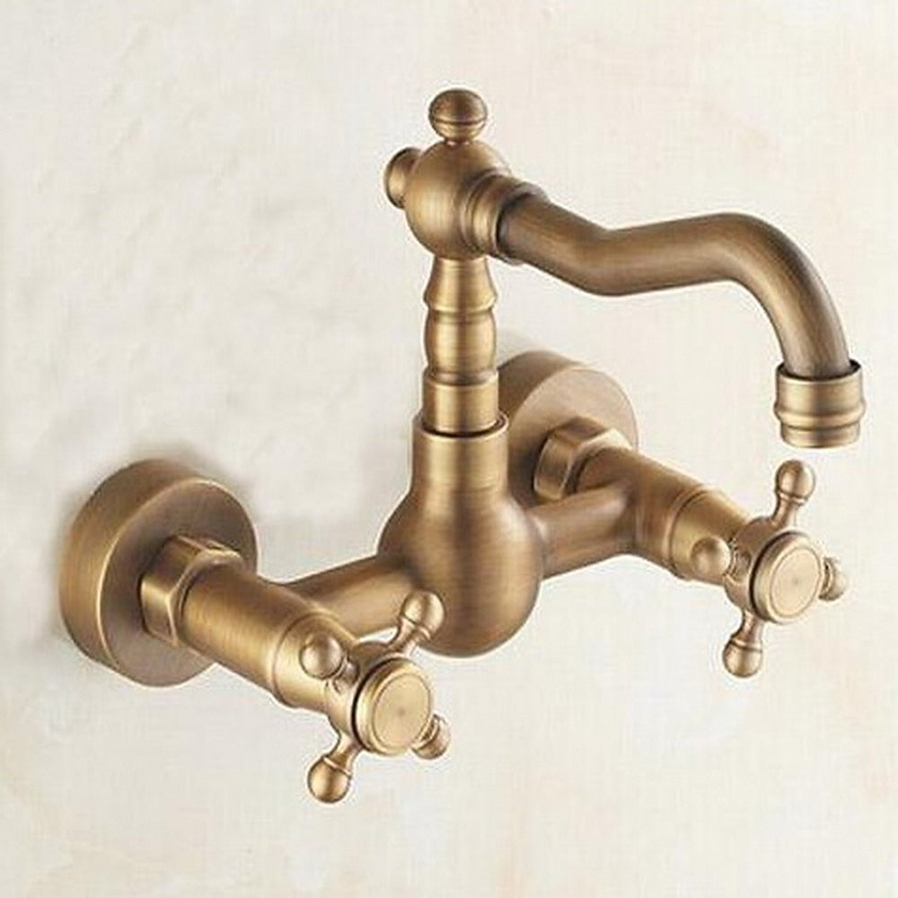 Antique Brass Wall-Mount Kitchen Faucet, Traditional Double Cross Handle Swivel Spout Faucet