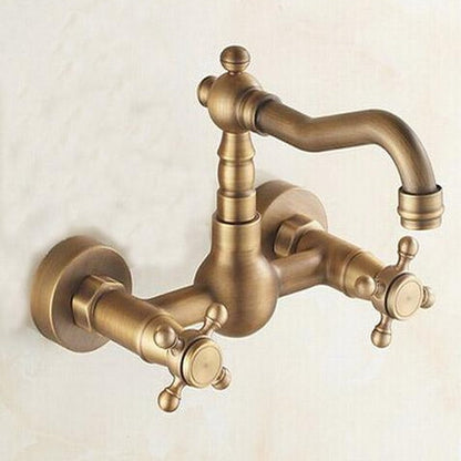 Antique Brass Wall-Mount Kitchen Faucet, Traditional Double Cross Handle Swivel Spout Faucet