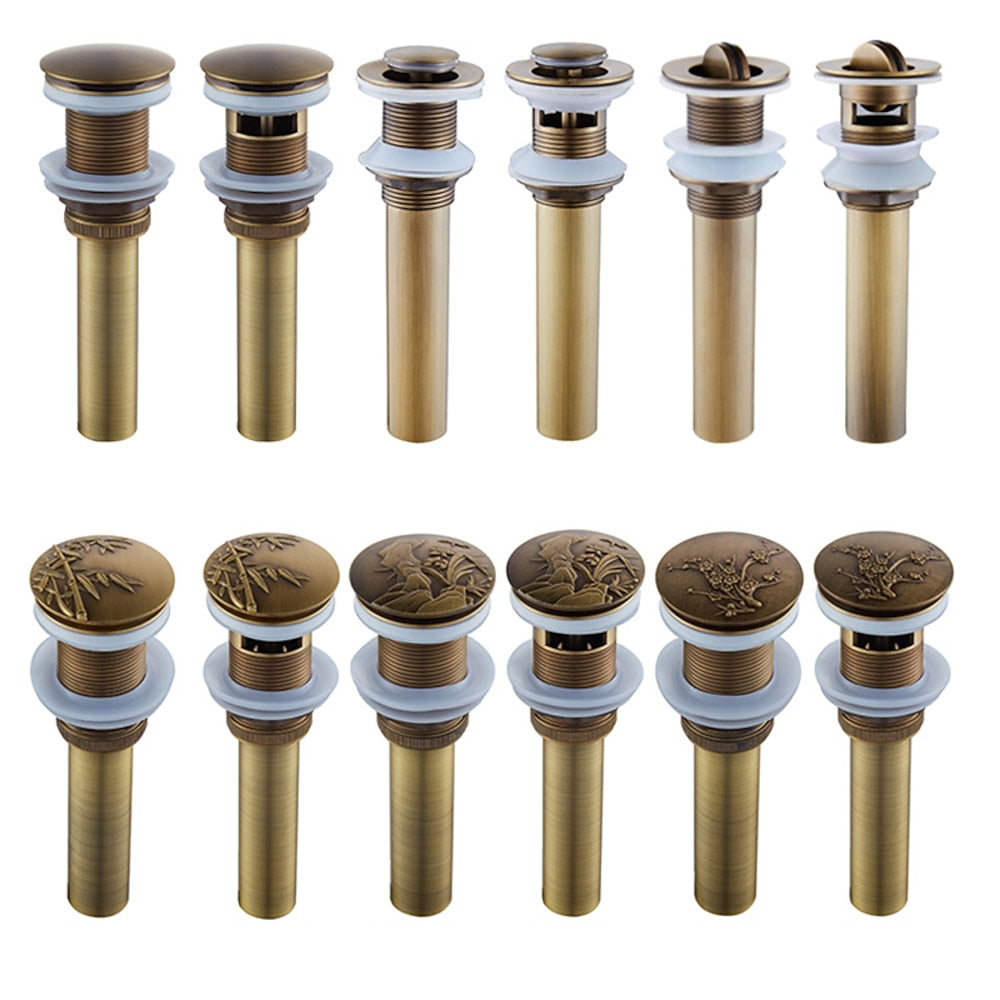 Antique Brass Engraved Bathroom Sink Pop-Up Drain, Solid Brass Vanity Basin Drain Assembly, With / Without Overflow