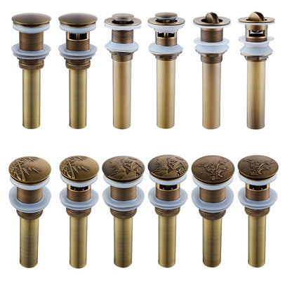 Antique Brass Engraved Bathroom Sink Pop-Up Drain, Solid Brass Vanity Basin Drain Assembly, With / Without Overflow