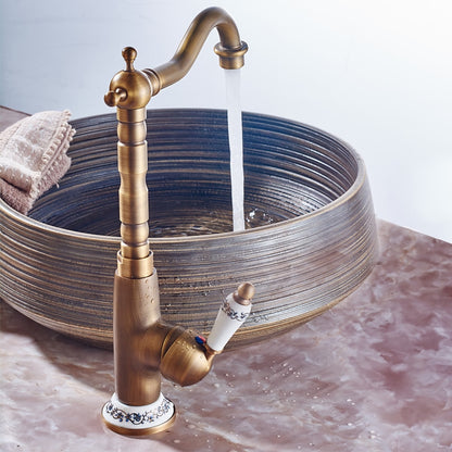 Antique Brass Traditional Single-Hole Bathroom Faucet, Single-Handle High Arc Vessel Sink Faucet with Ceramic Lever