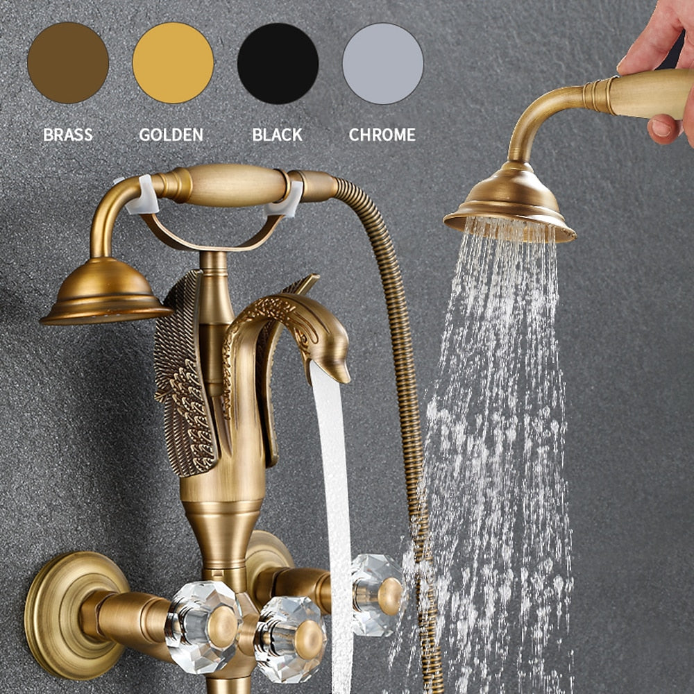 Swan Spout Wall-Mount Bathtub Faucet, Dual-Handle Tub Filler with Handheld Shower, Antique Brass / Matte Black / Chrome / Polished Gold