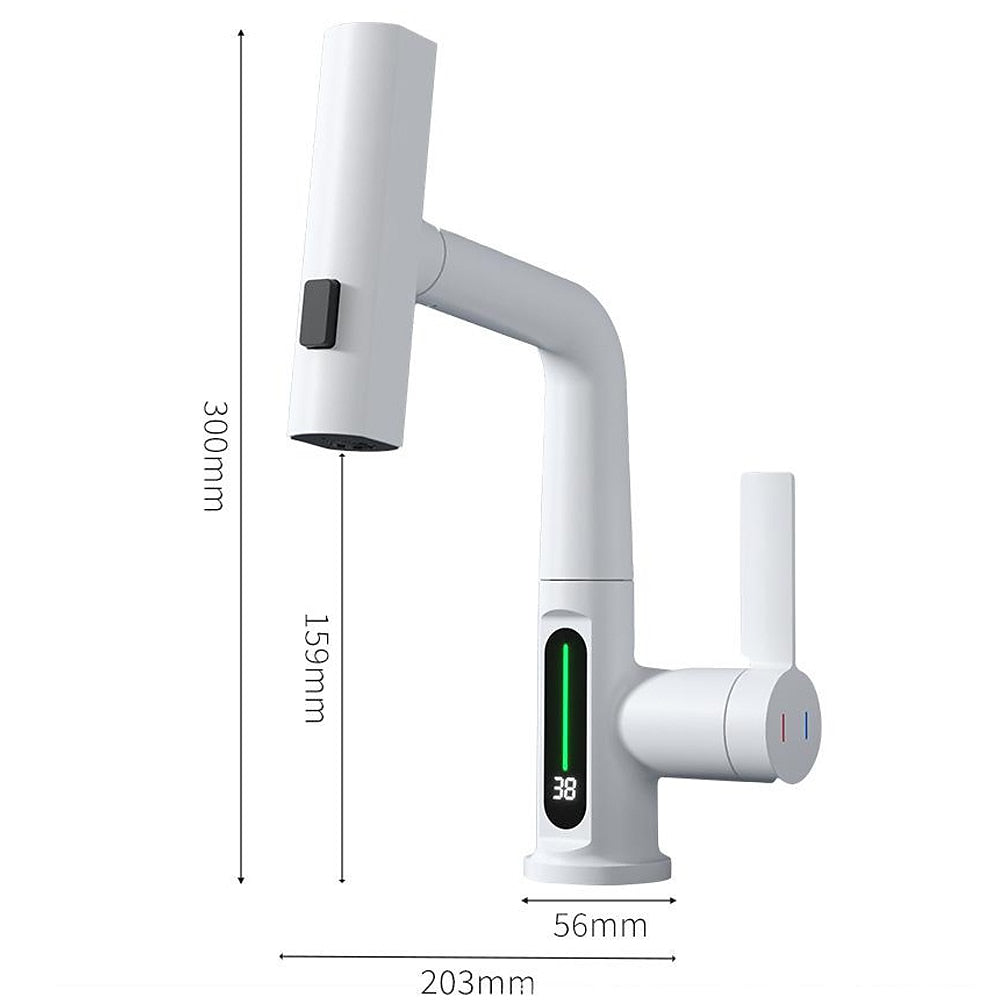 LED Digital Display Waterfall Bathroom Faucet, Single-Handle Pull-Out Faucet, Chrome / Gunmetal / Matte Black / Matte White