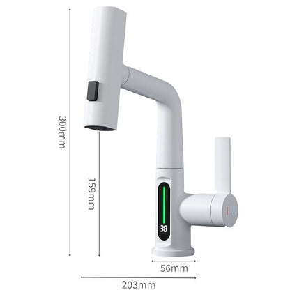 LED Digital Display Waterfall Bathroom Faucet, Single-Handle Pull-Out Faucet, Chrome / Gunmetal / Matte Black / Matte White