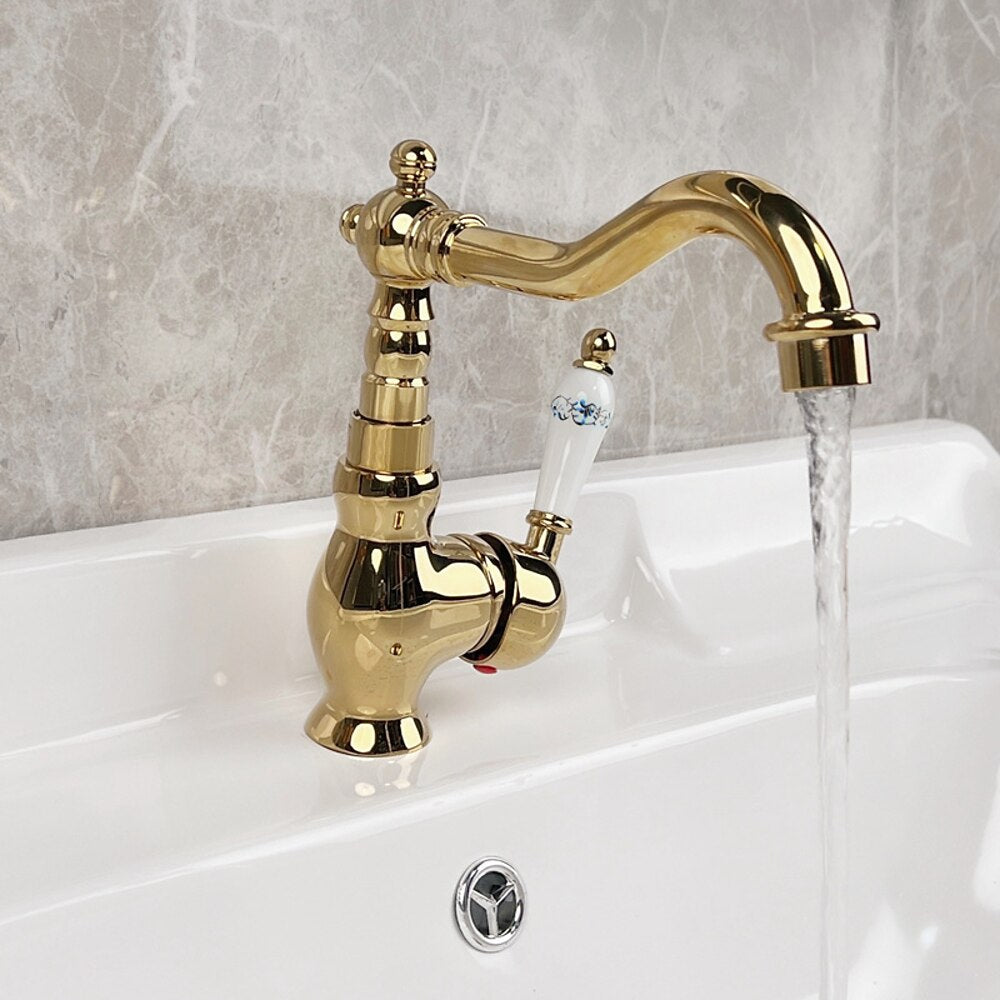 Vintage Single-Hole Bathroom Sink Faucet, 360-Degree Swivel Spout Brass Faucet, Chrome / Polished Gold / Antique Brass