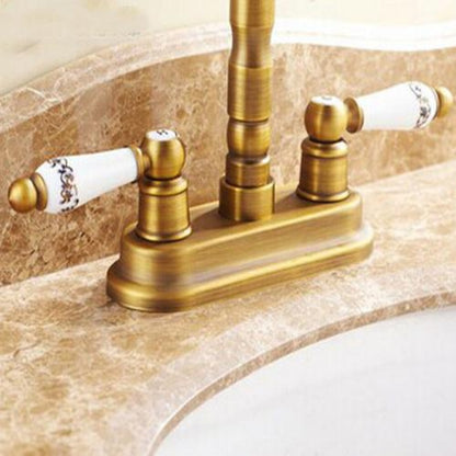 Antique Brass Traditional Centerset Bathroom Faucet, Double-Handle High Arc Faucet with Ceramic Handles