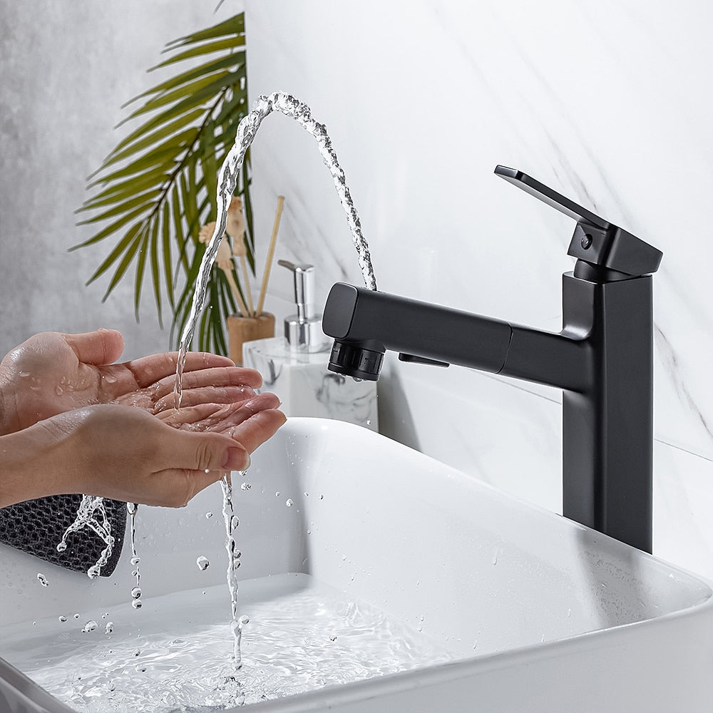 Pull-Out Single-Hole Brass Bathroom Faucet, Upward Fountain Spout Faucet, Chrome / Matte Black / Brushed Gold / Gunmetal