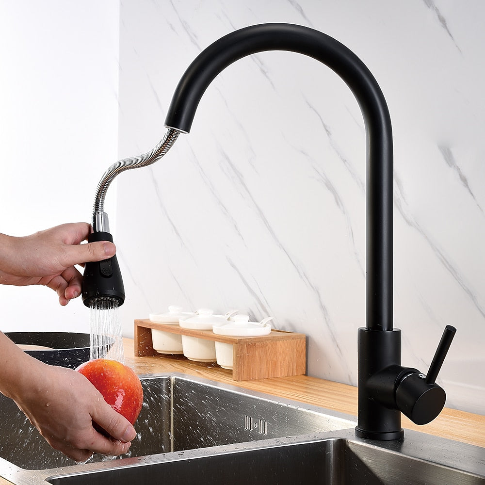 Matte Black Modern Single-Hole Kitchen Faucet, Single-Handle Pull-Down Sprayer Faucet