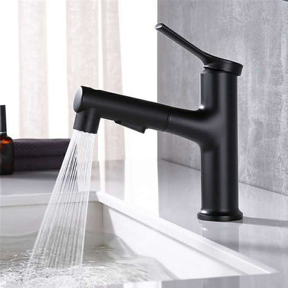 Pull-Out Single-Hole Bathroom Faucet, Single-Handle Basin Tap, Matte Black / Chrome