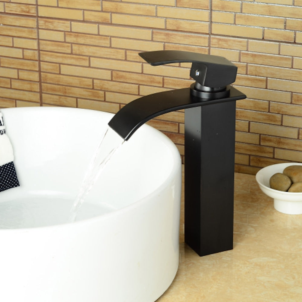 Matte Black Modern Waterfall Vessel Sink Faucet, Single-Handle Single-Hole Bathroom Faucet