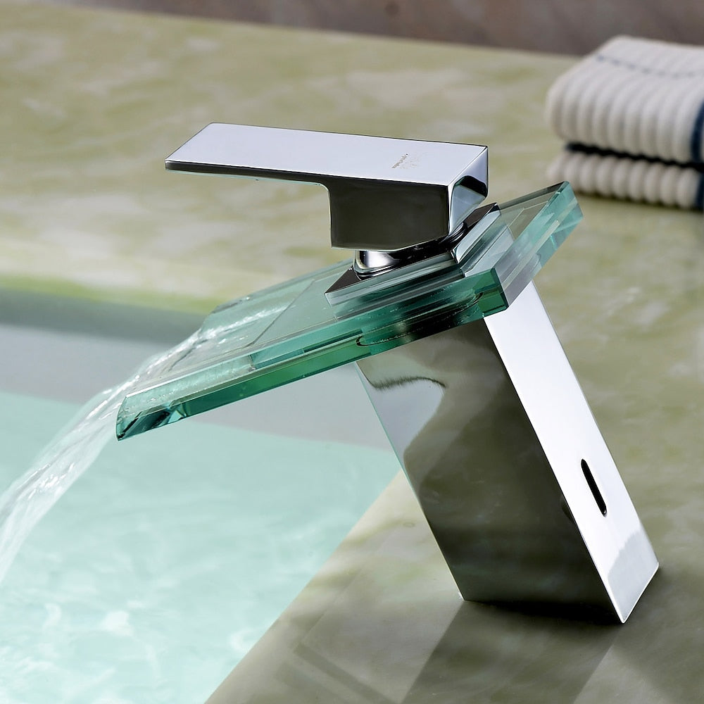 Chrome Contemporary Bathroom Faucet, Single-Handle Glass Waterfall Spout Faucet
