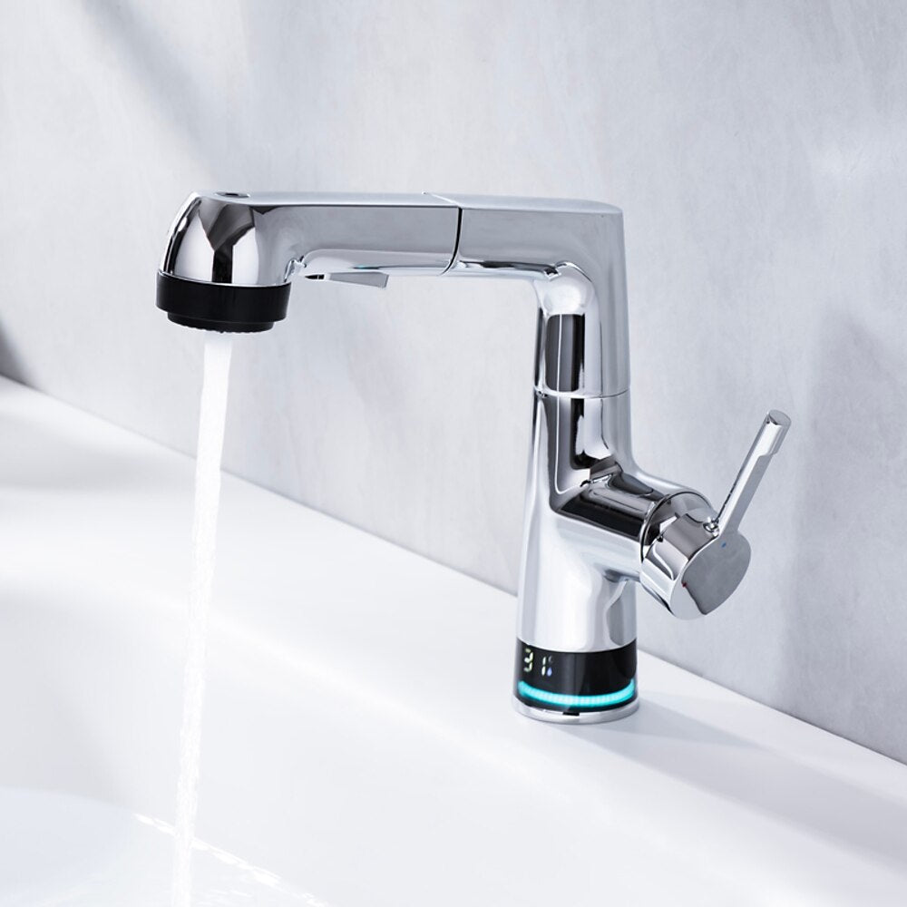 LED Digital Display Pull-Out Bathroom Faucet, Liftable Single-Handle Deck Mount Faucet, Gunmetal / Matte White / Chrome